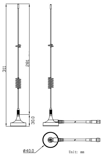 Mechanical Drawing - Siretta Mike 2A 5G/4G Magnetic 311mm Whip Antennas